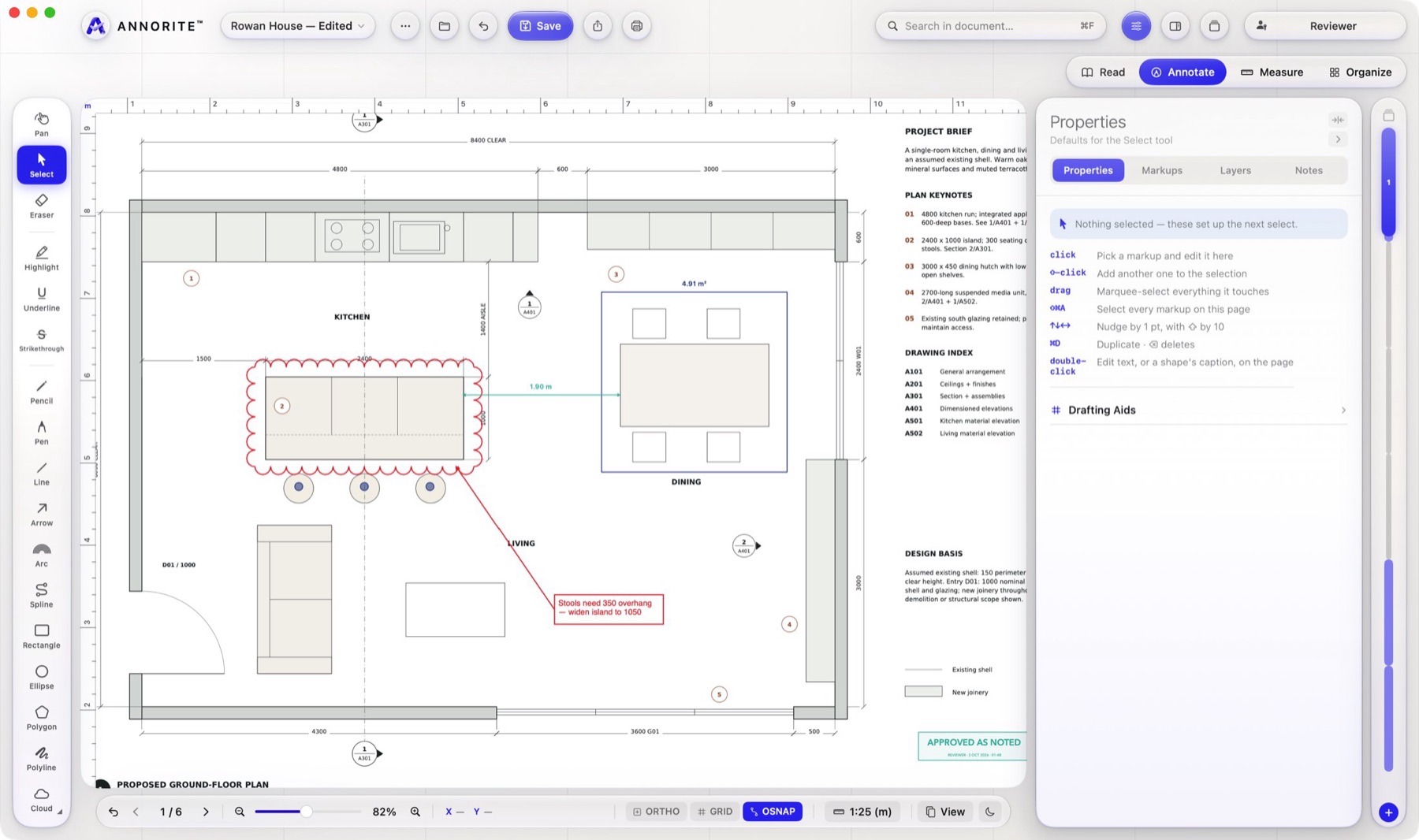 Annorite on Mac: a construction plan with a revision cloud, measurements and the Properties inspector